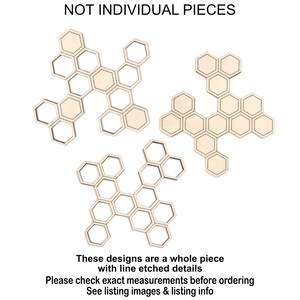 Puede incluir: Tres diseños de panal de abeja de madera, cada uno compuesto por formas hexagonales interconectadas. Los diseños son de color marrón claro con detalles grabados. El texto en la parte superior dice "NOT INDIVIDUAL PIECES". Información de pedido en la parte inferior.