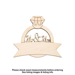 Mr and Mrs Wedding Ring With Banner Wood Cutout - Laser Cut Unfinished Craft Shape - Multiple Sizes
