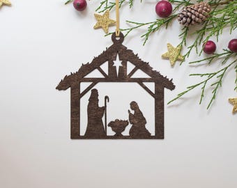 Nativity Scene Stained Wood Ornament - Laser Cut Holiday Craft Shape