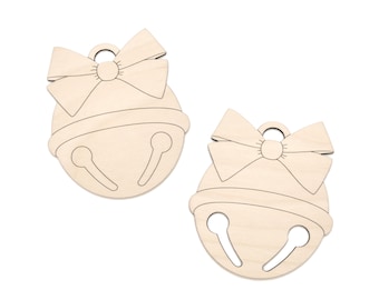 Jingle Bell With Bow Wood Cutout - Laser Cut Unfinished Craft Shape - Multiple Sizes