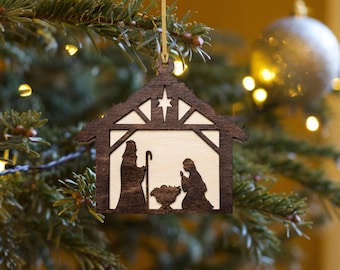 Nativity Scene Layered Wood Ornament-Dark Walnut-Christmas Ornament-Laser Cut-Choose A Size-Holiday Home Decor-Christmas Tree Ornament