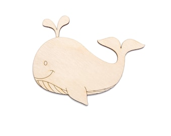 May include: A wooden whale cutout with a smiling face, fins, and a water spout. The whale is made of light-colored wood and is suitable for crafts or decorations. The text at the bottom says, "Please check exact measurements before ordering. See listing images & listing info."