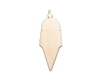 May include: A wooden ice cream cone cutout with a cherry on top. The cone is a light tan color, and the ice cream scoops are stacked on top. The cutout is a simple, clean design.