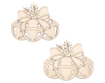 Jingle Bells With Ribbon Wood Cutout - Laser Cut Unfinished Craft Shape - Multiple Sizes