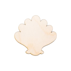 May include: A wooden seashell cutout, light tan in colour with a smooth surface. The cutout has a fan-like shape with a scalloped top edge and a curved base. Suitable for crafting or coastal-themed decorations.