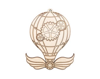 Adorno navideño de madera con forma de globo aerostático estilo Steampunk - Adorno navideño sin acabado cortado con láser - Varios tamaños