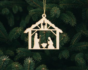 Nativity Scene Wood Ornament-Christmas Ornament-Laser Cut-Choose A Size-Smooth Finish-Holiday Home Decor-Natural Wood Religious Ornament