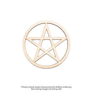 May include: A wooden pentagram, a five-pointed star within a circle, is displayed against a white background. The natural wood color provides a neutral tone. Text at the bottom reads: Please check exact measurements before ordering. See listing images & listing info.
