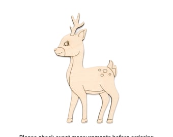 May include: A wooden deer cutout with a light brown finish. The deer has antlers, a small eye, and spots on its back. The text at the bottom reads, "Please check exact measurements before ordering. See listing images & listing info."