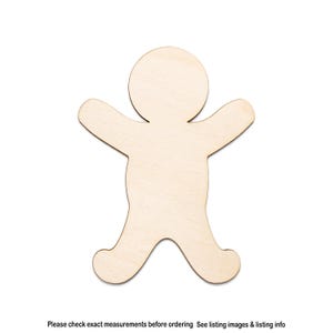 Figura de hombre de jengibre en madera sin acabado, cortada con láser, disponible en varios tamaños.