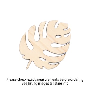 Figura de madera con forma de hoja tropical cortada con láser, sin acabado, disponible en varios tamaños.