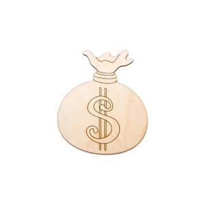 Sacco di soldi - Ritaglio di legno - Decorazione a tema ricchezza - Decorazione con segno del dollaro - Varie dimensioni - Accenti in legno per banche - Decorazione in legno a tema denaro - Decorazione di artigianato in legno divertente