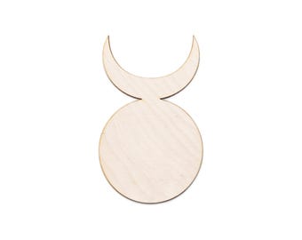 May include: A wooden Taurus symbol, featuring a circular base with a crescent moon shape above it. The symbol is made of light-colored wood and is set against a white background. The text at the bottom says, "Please check exact measurements before ordering. See listing images & listing info."
