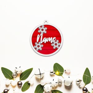 Custom Name With Snow flakes Painted Wood Ornament-Painted 3D Ornament-Red And White-Holiday Painted Ornaments-Personalized Ornaments