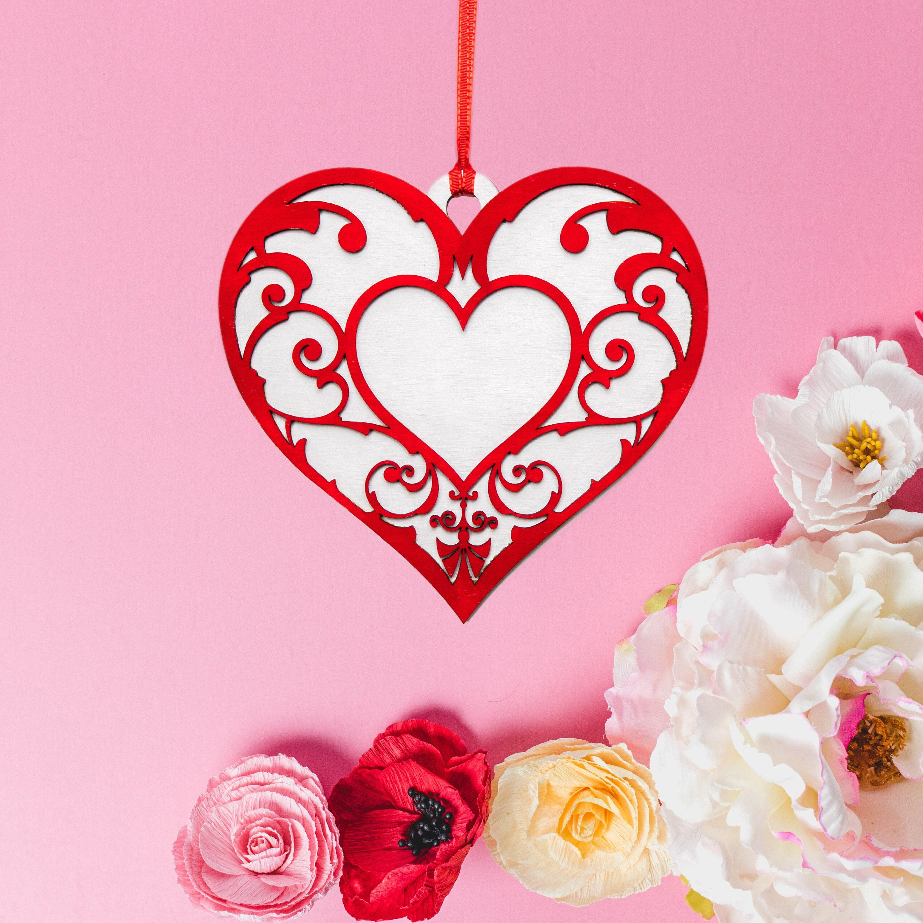 Valentine Heart Hanging Wood Ornament - Laser Cut Layered Holiday