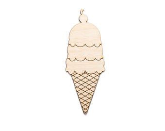 May include: Wooden ice cream cone cutout with three scoops and a cherry on top. The cone has a waffle pattern. The text at the bottom says, "Please check exact measurements before ordering. See listing images & listing info."