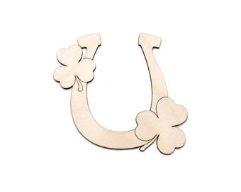 Horseshoe And Clovers Wood Cutout - Laser Cut Unfinished Craft Shape - Multiple Sizes