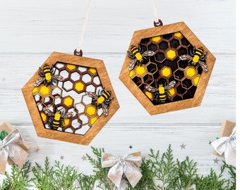 Honeycomb With Bees Hand Painted Wood Ornament-3D Ornament-Two Design Options-Bugs And Insects Decor-Stained Holiday Nature Tree Decor