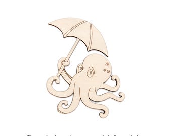 Octopus With Umbrella Detailed Wood Cutout - Laser Cut Unfinished Craft Shape - Multiple Sizes