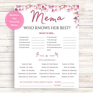 May include: A printable Mother's Day trivia game titled "Mema Who Knows Her Best?" with pink floral accents. The game includes fill-in-the-blank questions about Mema's favorites and a "This or That" section. The game is printed on white paper.