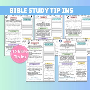 Puede incluir: Una colección de diez hojas de consejos para el estudio bíblico. Cada hoja presenta un pasaje bíblico diferente con secciones para la escritura, las observaciones, la oración y la aplicación. El título "Bible Study Tip Ins" está en la parte superior.