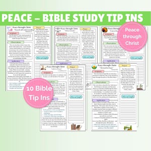 Może przedstawiać: Zestaw arkuszy z poradami do studiowania Biblii z tytułem "PEACE - BIBLE STUDY TIP INS" w kolorze zielono-białym. Białe arkusze zawierają tekst i grafikę, w tym frazy "Peace through Christ" i "10 Bible Tip Ins" w różowych okręgach.