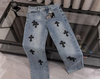 Blue Cross Patch Jeans | Gothic Denim Pants | Y2K Streetwear Jeans