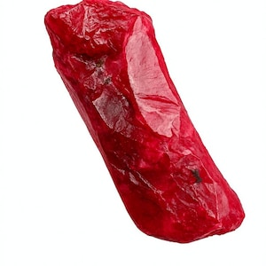 Peut inclure: Une pierre précieuse brute de rubis vibrante, affichant une teinte rouge profond. La pierre brute et non taillée présente une surface texturée avec des imperfections naturelles. Le rubis est posé sur un fond blanc pur, soulignant sa couleur et sa forme.
