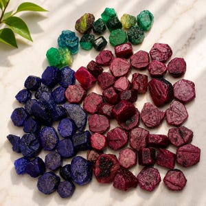 May include: A collection of loose, raw gemstones in various shapes and sizes, featuring a vibrant mix of deep blue, bright red, and emerald green colors. The stones have natural, faceted textures and are arranged in a scattered, organic cluster.