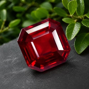 May include: A faceted, square-cut ruby gemstone. The gem is a deep, saturated red color with sharp, clean edges. The gemstone is displayed against a dark background with green foliage in the background.
