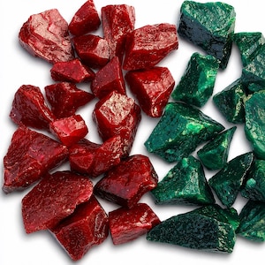 Könnte beinhalten: Eine Ansammlung von rohen, kantigen Mineralsteinen, die in zwei Gruppen unterteilt sind. Die linke Seite zeigt mehrere tiefrote, durchscheinende und undurchsichtige Stücke, während die rechte Seite aus verschiedenen dunkelgrünen, texturierten Steinen besteht.