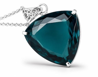 70 Ct Trillion Teal Sapphire Pendant | Certified Blue Tone Necklace | 925 Sterling Silver Feminist Elegant Jewelry  For Gift