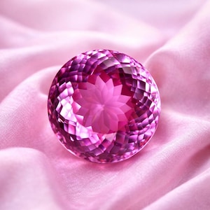 Könnte beinhalten: Ein facettierter, runder, rosa Edelstein mit einem sternförmigen Muster in der Mitte. Der Edelstein liegt auf einem Hintergrund aus weichem, rosa Stoff, was eine luxuriöse und elegante Präsentation ergibt. Die Facetten des Edelsteins reflektieren das Licht und zeigen seinen Glanz.