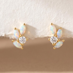 18K Gold Filled Flat Back Threaded Stud Earrings, Opal Leaf CZ Cluster Studs, Dainty Cartilage Helix Tragus Jewelry, Minimalist Tiny gift