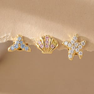 18K Gold Filled Ocean Stud Earrings Gold Starfish Shell Mermaid Tail CZ Earrings Dainty Minimalist Beach Jewelry Cartilage Gift for Her.