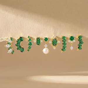 925 Sterling Silver Green CZ Earrings, Gold Emerald Look, Dainty Minimalist Ear Stack, Cartilage Jewelry, Gift for Her