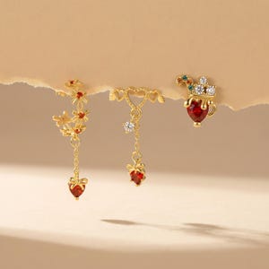 925 Sterling Silver Red CZ Drop Dangle, 18K Gold Bow Charm Stud, Festive Jewelry Gift for Women, Holiday Party Minimalist Design