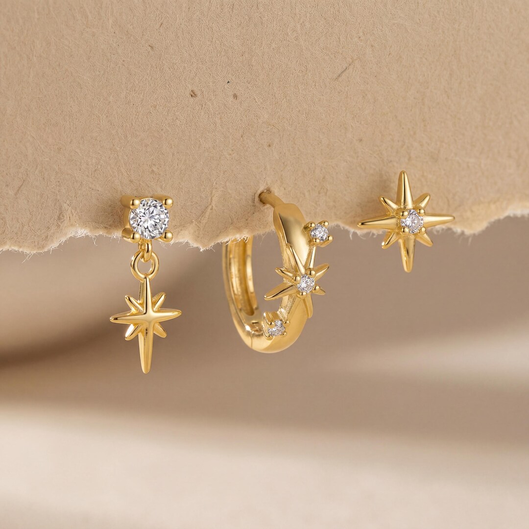 925 Sterling Silver Star CZ Earring Set, Gold Minimalist Celestial ...