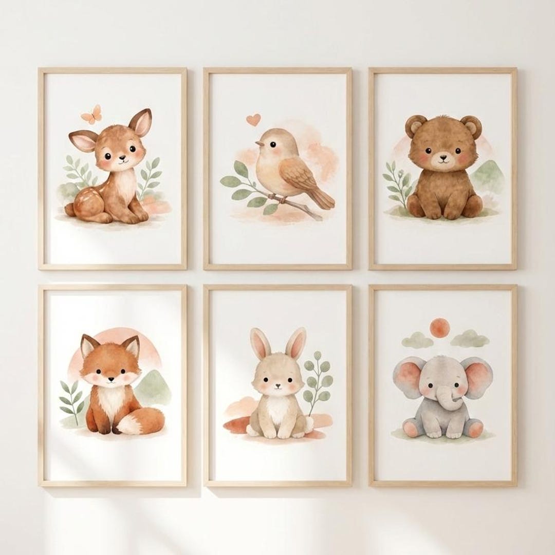Forest Nursery Wall Art Set of 6, Neutral Woodland Animal Prints, Bear ...