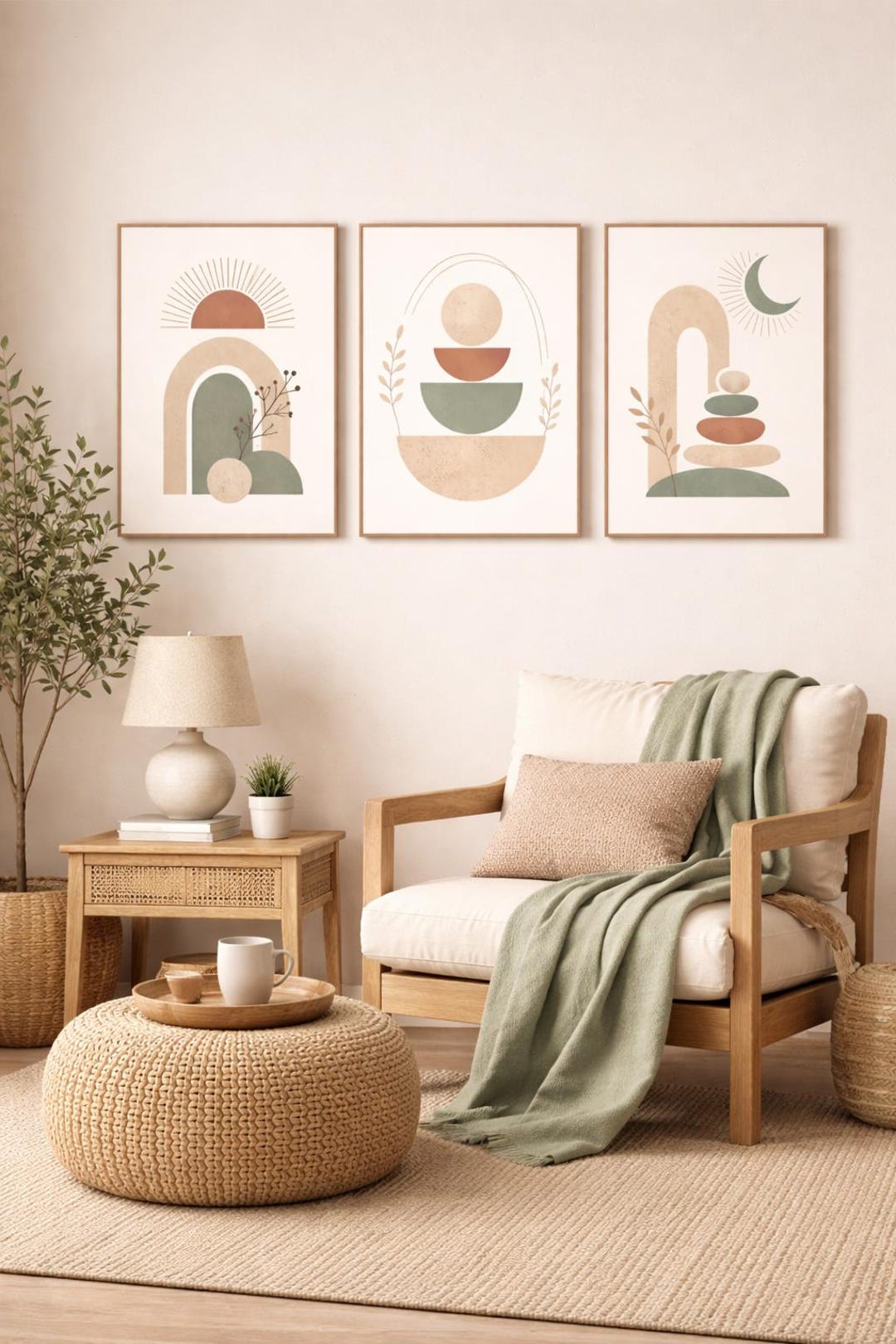 Minimalist Boho Japandi Wall Art Set of 3 Sage Green Earthy Abstract ...