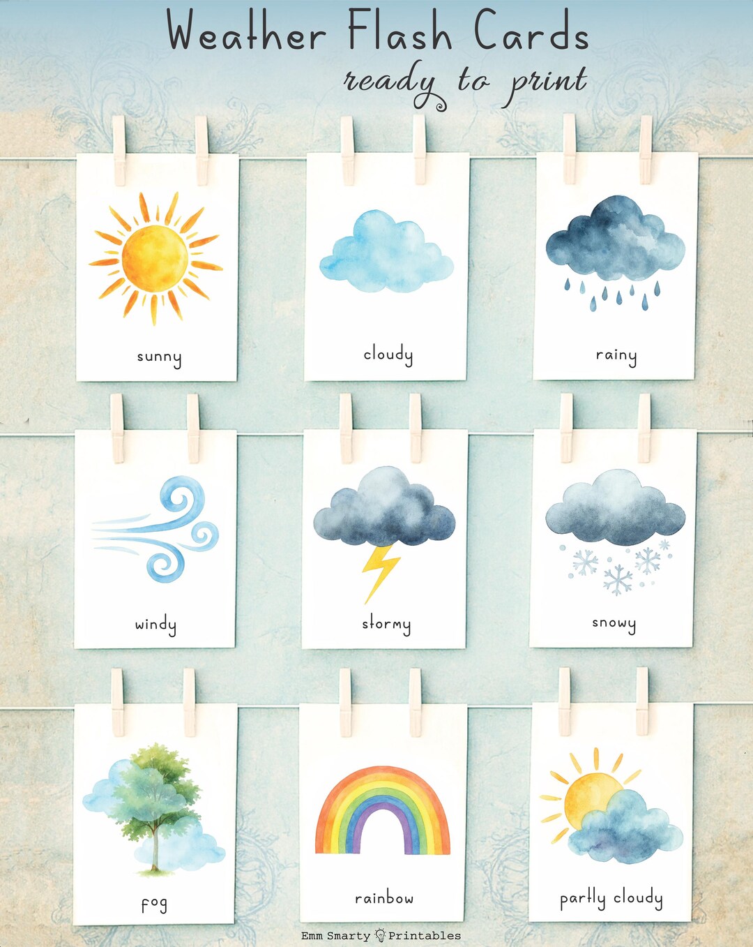 Weather Flash Cards, Watercolor Printable Cards Rainbow ABC Print, Kids ...