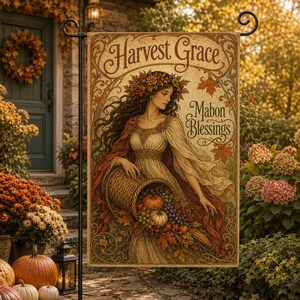 Puede incluir: Una bandera de jardín rectangular con la ilustración de una persona con una corona de hojas de otoño, sosteniendo un cuerno de la abundancia lleno de calabazas y uvas. El texto dice Harvest Grace y Mabon Blessings en letra cursiva.