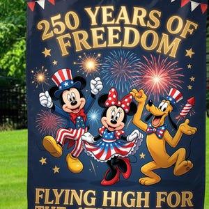 Personalized Mickey Minnie Goofy Garden Flag, 250 Years of Freedom USA Flag, Custom Family Name 1776-2026 Yard Decor, 4th of July Gift