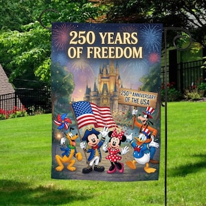 Personalized Mickey Minnie Goofy Garden Flag, 250 Years of Freedom USA Flag, Custom Family Name 1776-2026 Yard Decor, 4th of July Gift