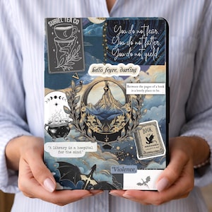 May include: A blue and white book cover with a collage design. The cover features text that reads "You do not fear. You do not falter. You do not yield." and "hello feyre, darling." Other elements include a mountain scene, a cauldron, and a dragon.