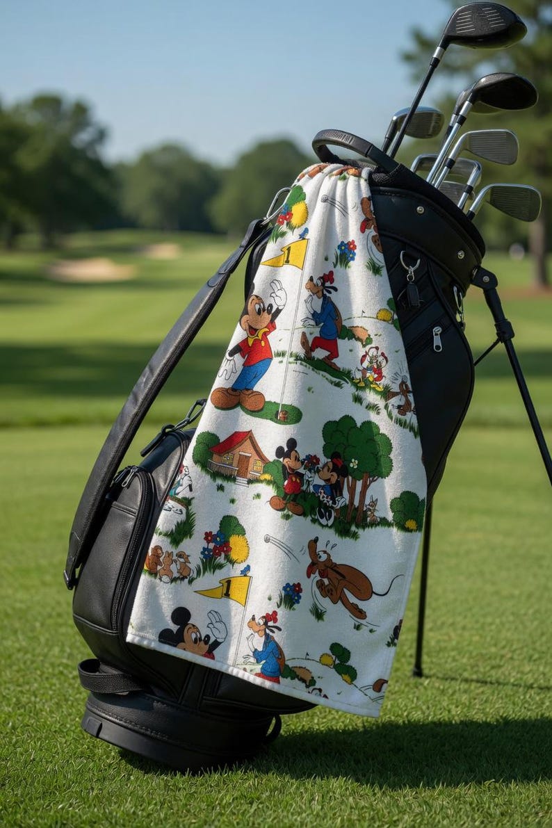 May include: A black golf bag with golf clubs and a white towel featuring cartoon characters. The towel has a repeating pattern of Mickey Mouse, Minnie Mouse, Goofy, and Pluto on a golf course setting.