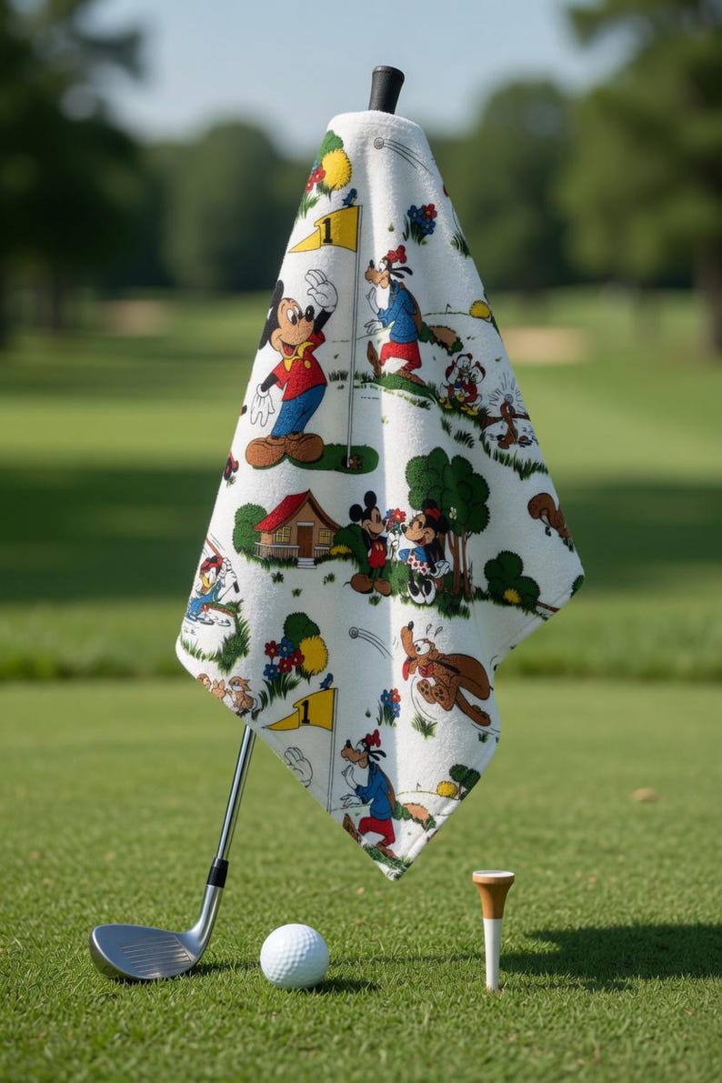 May include: A white golf towel featuring a colorful cartoon print of Mickey Mouse, Goofy, and other Disney characters. The towel is draped over a golf club, with a golf ball and tee in the foreground on a green golf course.
