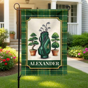 Gepersonaliseerde golftas tuinvlag, custom monogram eerste tuinvlag, buitensportdecor voor golfliefhebbers, uniek cadeau huisvlag