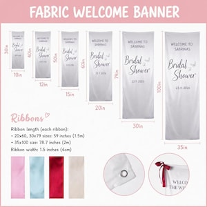 May include: A white fabric welcome banner for a bridal shower featuring butterfly graphics and customizable text. The image displays six size variations ranging from 10x30 inches to 35x100 inches, along with four ribbon color options and metal grommets.