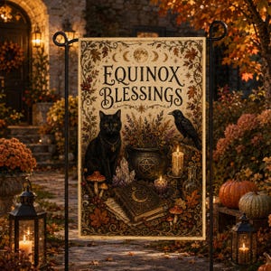 Op de afbeelding: Een rechthoekige tuinvlag met de tekst EQUINOX BLESSINGS, een zwarte kat, een raaf, een ketel met een pentagram, een spreukenboek, kristallen en kaarsen, omringd door een gedetailleerde rand van herfstbladeren en maanfasen.